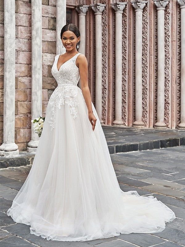 a-line princess v-neck sleeveless applique tulle sweep brush train dresses 2026 Wedding Dress Princess Lace V-neck Sleeveless Ivory Applique Long