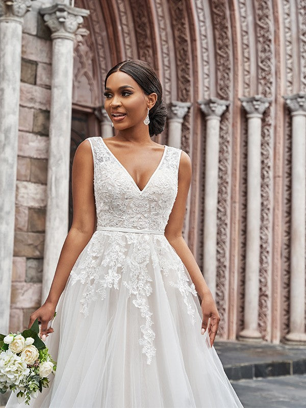 a-line princess v-neck sleeveless applique tulle sweep brush train dresses A-Line/Princess Applique Tulle Sleeveless V-neck Sweep Train Dresses US6 / Custom Color