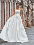 A-Line/Princess Satin Spaghetti Straps Ruffles Sleeveless Sweep/Brush Train Wedding Dresses Bridal Gowns