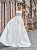 A-Line/Princess Satin Spaghetti Straps Ruffles Sleeveless Sweep/Brush Train Wedding Dresses Bridal Gowns