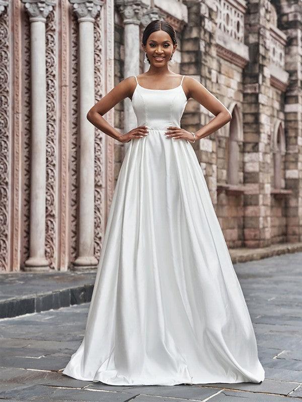 A-Line/Princess Satin Spaghetti Straps Ruffles Sleeveless Sweep/Brush Train Wedding Dresses Bridal Gowns