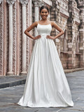 A-Line/Princess Satin Spaghetti Straps Ruffles Sleeveless Sweep/Brush Train Wedding Dresses Bridal Gowns