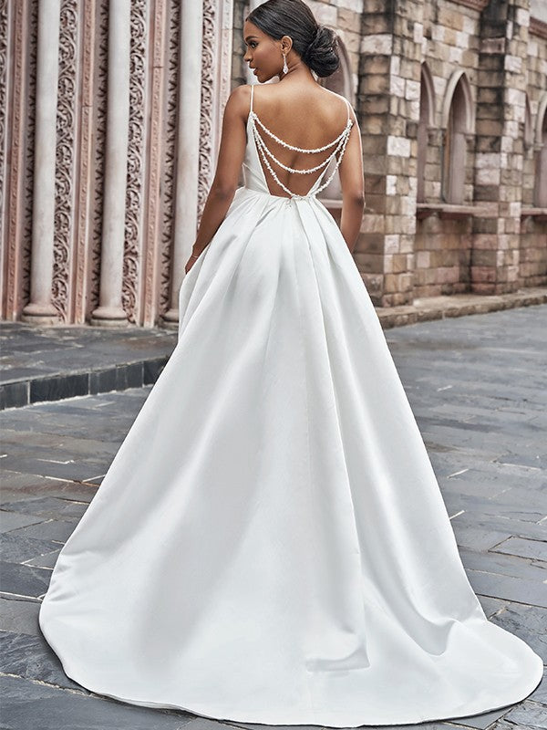 A-Line/Princess Satin Spaghetti Straps Ruffles Sleeveless Sweep/Brush Train Wedding Dresses Bridal Gowns