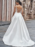 A-Line/Princess Satin Spaghetti Straps Ruffles Sleeveless Sweep/Brush Train Wedding Dresses Bridal Gowns