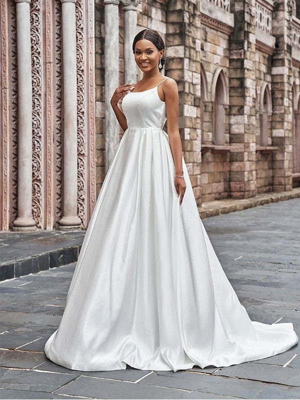 A-Line/Princess Satin Spaghetti Straps Ruffles Sleeveless Sweep/Brush Train Wedding Dresses Bridal Gowns
