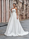 A-Line/Princess Satin Spaghetti Straps Ruffles Sleeveless Sweep/Brush Train Wedding Dresses Bridal Gowns