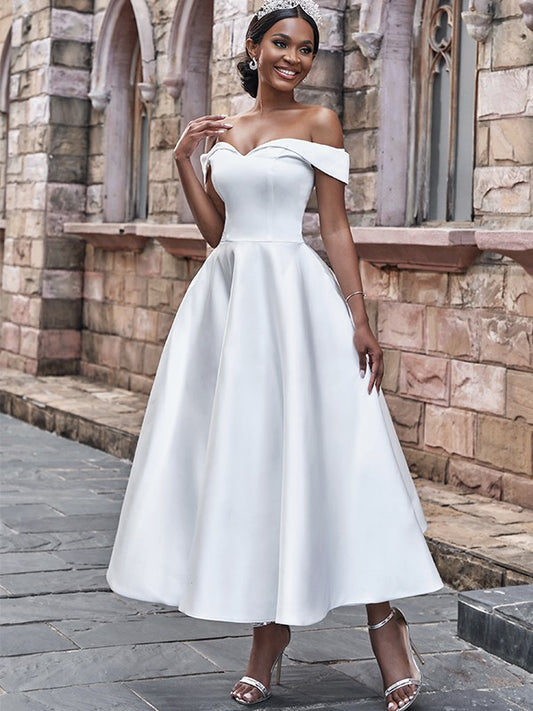 A-Linie/Princess-Linie Satin Rüschen Off-the-Shoulder Ärmellos Knöchellang Brautkleider Brautkleider