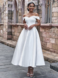 A-Line/Princess Satin Ruffles Off-the-Shoulder Sleeveless Ankle-Length Wedding Dresses Bridal Gowns