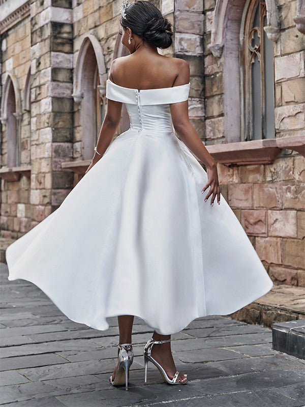 A-Line/Princess Satin Ruffles Off-the-Shoulder Sleeveless Ankle-Length Wedding Dresses Bridal Gowns