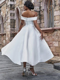 A-Line/Princess Satin Ruffles Off-the-Shoulder Sleeveless Ankle-Length Wedding Dresses Bridal Gowns