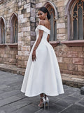 A-Line/Princess Satin Ruffles Off-the-Shoulder Sleeveless Ankle-Length Wedding Dresses Bridal Gowns