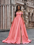 A-Line/Princess Satin Sleeveless Ruffles Off-the-Shoulder Court Train Dresses Prom Evening Dress