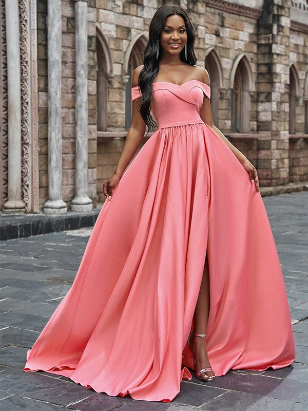 A-Line/Princess Satin Sleeveless Ruffles Off-the-Shoulder Court Train Dresses Prom Evening Dress
