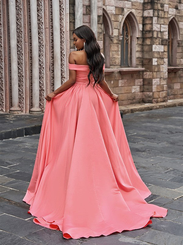 A-Line/Princess Satin Sleeveless Ruffles Off-the-Shoulder Court Train Dresses Prom Evening Dress