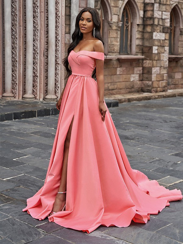 A-Line/Princess Satin Sleeveless Ruffles Off-the-Shoulder Court Train Dresses Prom Evening Dress