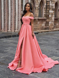 A-Line/Princess Satin Sleeveless Ruffles Off-the-Shoulder Court Train Dresses Prom Evening Dress