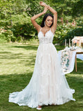 A-Line/Princess Lace Applique V-neck Sleeveless Sweep/Brush Train Wedding Dresses Bridal Gowns