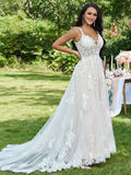 A-Line/Princess Lace Applique V-neck Sleeveless Sweep/Brush Train Wedding Dresses Bridal Gowns