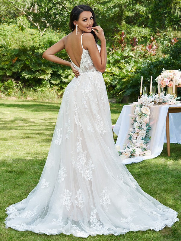 A-Line/Princess Lace Applique V-neck Sleeveless Sweep/Brush Train Wedding Dresses Bridal Gowns