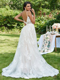 A-Line/Princess Lace Applique V-neck Sleeveless Sweep/Brush Train Wedding Dresses Bridal Gowns