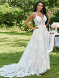 A-Line/Princess Lace Applique V-neck Sleeveless Sweep/Brush Train Wedding Dresses Bridal Gowns