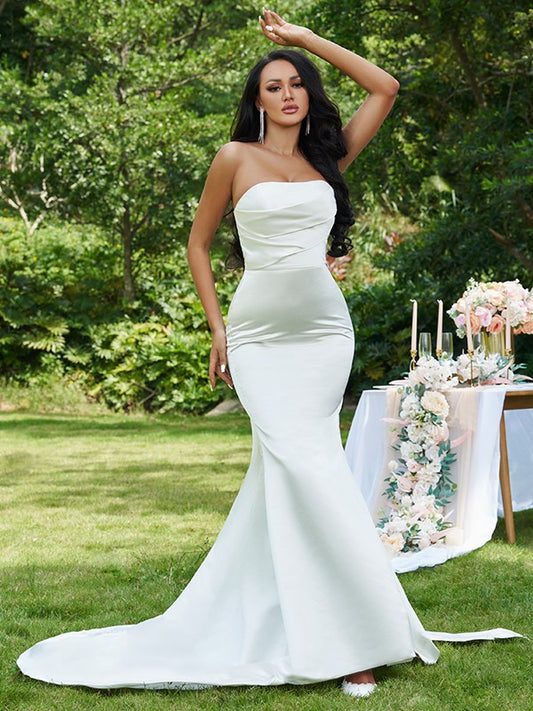 Trompete/Meerjungfrau-Linie Satin Rüschen Trägerlos Ärmellos Sweep/Pinsel Zug Brautkleider Brautkleider