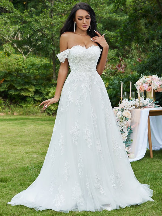 A-Linie/Princess-Linie Spitze Applikationen Schulterfrei Ärmellos Sweep/Pinsel zug Brautkleider