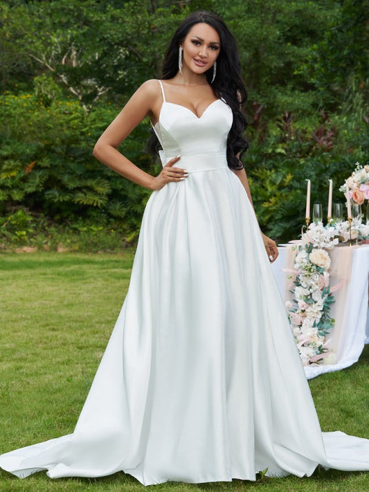 A-Linie/Princess-Linie Satin Schleife V-Ausschnitt Ärmellos Sweep/Pinsel zug Brautkleider