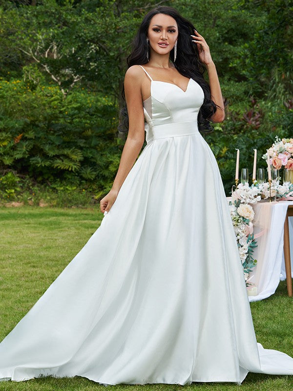 A-Line/Princess Satin Bowknot V-neck Sleeveless Sweep/Brush Train Wedding Dresses Bridal Gowns