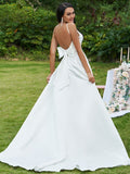 A-Line/Princess Satin Bowknot V-neck Sleeveless Sweep/Brush Train Wedding Dresses Bridal Gowns