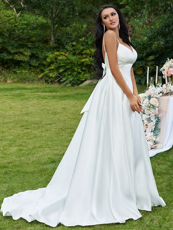 A-Line/Princess Satin Bowknot V-neck Sleeveless Sweep/Brush Train Wedding Dresses Bridal Gowns