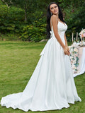 A-Line/Princess Satin Bowknot V-neck Sleeveless Sweep/Brush Train Wedding Dresses Bridal Gowns