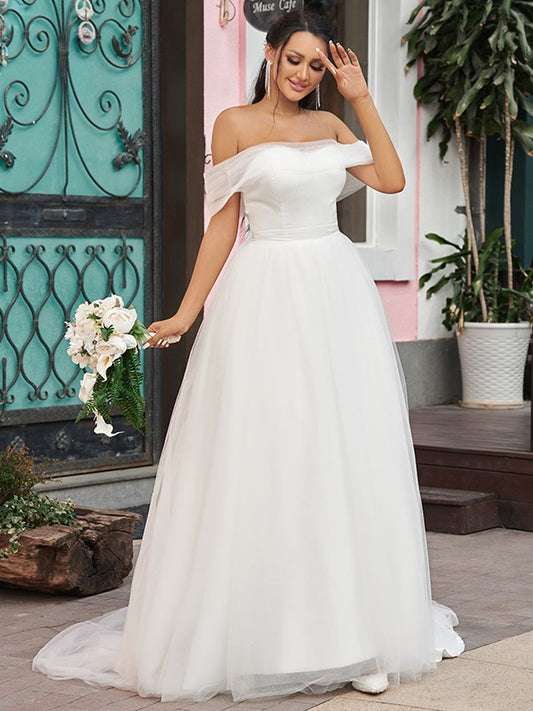 A-Linie/Princess-Linie Tüll Rüschen Schulterfrei Ärmellos Sweep/Pinsel zug Brautkleider