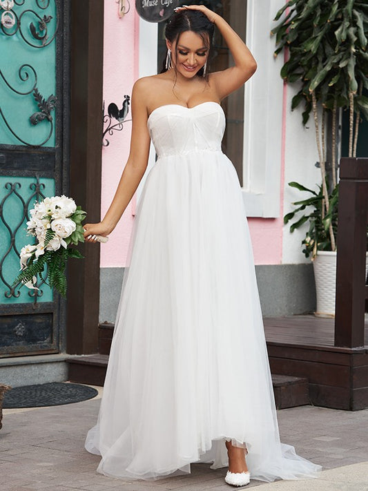 A-Linie/Princess-Linie Tüll Rüschen Herzausschnitt Ärmellos Sweep/Pinsel zug Brautkleider