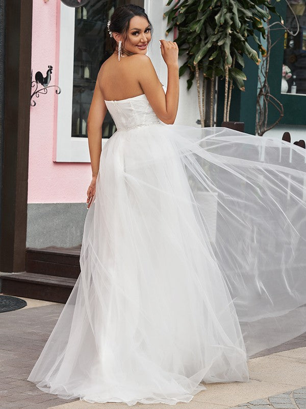 A-Linie/Princess-Linie Tüll Rüschen Herzausschnitt Ärmellos Sweep/Pinsel zug Brautkleider