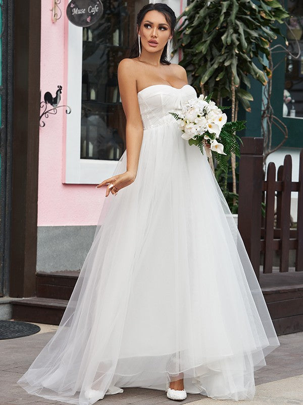 A-Linie/Princess-Linie Tüll Rüschen Herzausschnitt Ärmellos Sweep/Pinsel zug Brautkleider