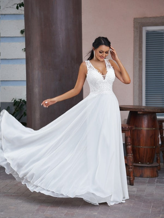 A-Line/Princess Chiffon Lace V-neck Sleeveless Floor-Length Wedding Dresses Bridal Gowns