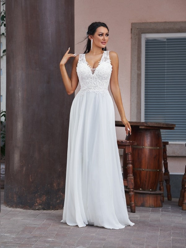 A-Line/Princess Chiffon Lace V-neck Sleeveless Floor-Length Wedding Dresses Bridal Gowns