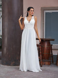 A-Line/Princess Chiffon Lace V-neck Sleeveless Floor-Length Wedding Dresses Bridal Gowns