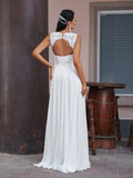 A-Line/Princess Chiffon Lace V-neck Sleeveless Floor-Length Wedding Dresses Bridal Gowns