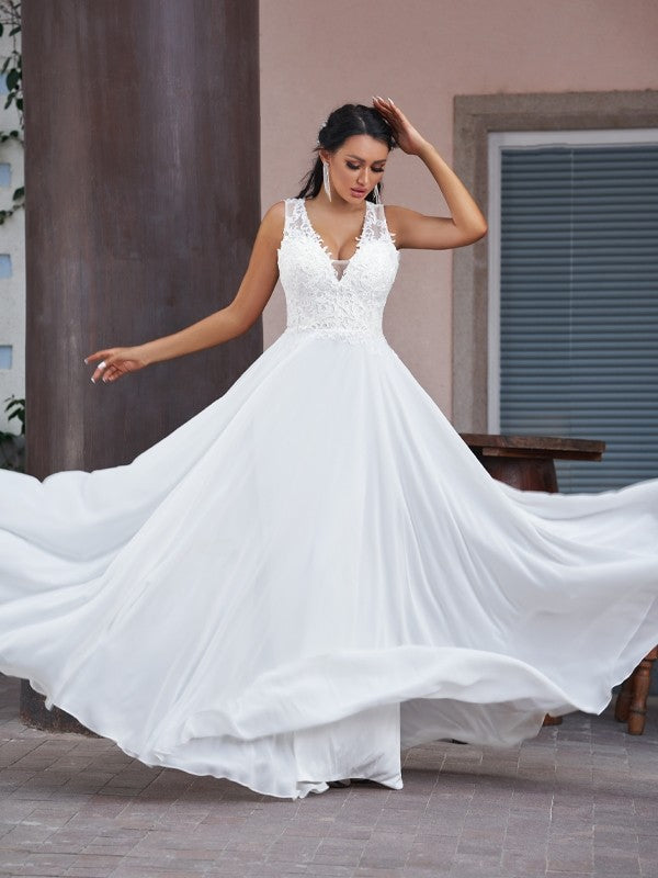 A-Line/Princess Chiffon Lace V-neck Sleeveless Floor-Length Wedding Dresses Bridal Gowns