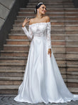 A-Linie/Princess-Linie Satin Spitze Schulterfrei Lange Ärmel Sweep/Pinsel zug Brautkleider