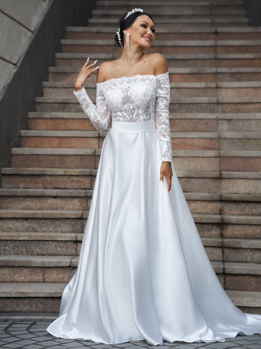 A-Linie/Princess-Linie Satin Spitze Schulterfrei Lange Ärmel Sweep/Pinsel zug Brautkleider