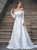 A-Linie/Princess-Linie Satin Spitze Schulterfrei Lange Ärmel Sweep/Pinsel zug Brautkleider