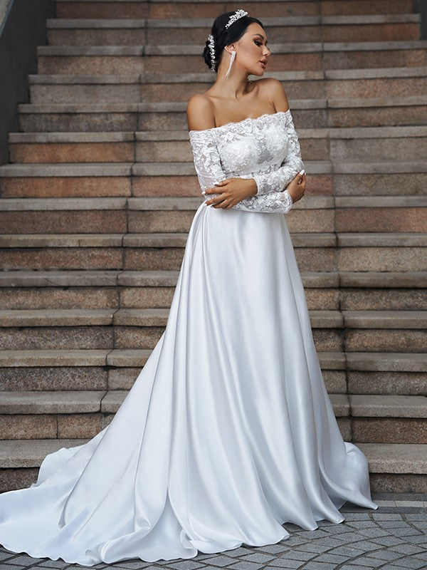 A-Linie/Princess-Linie Satin Spitze Schulterfrei Lange Ärmel Sweep/Pinsel zug Brautkleider