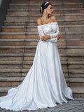A-Linie/Princess-Linie Satin Spitze Schulterfrei Lange Ärmel Sweep/Pinsel zug Brautkleider