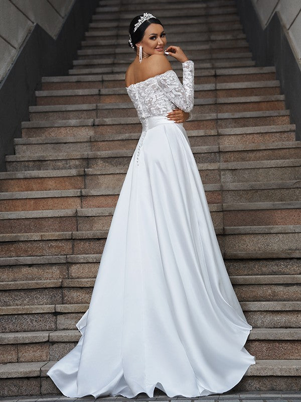 A-Linie/Princess-Linie Satin Spitze Schulterfrei Lange Ärmel Sweep/Pinsel zug Brautkleider