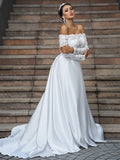 A-Linie/Princess-Linie Satin Spitze Schulterfrei Lange Ärmel Sweep/Pinsel zug Brautkleider