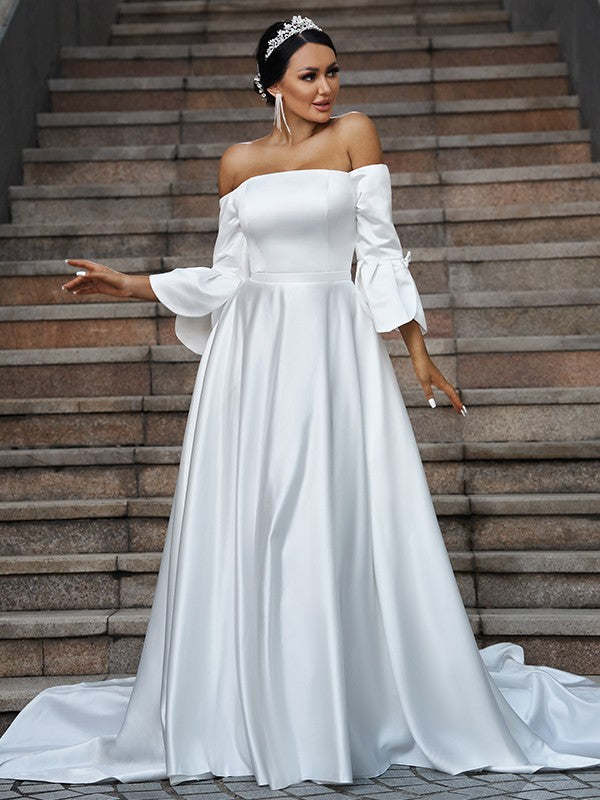 A-Linie/Princess-Linie Charmeuse Rüschen Schulterfrei 3/4 Ärmel Sweep/Pinsel Schleppe Brautkleider Brautkleider