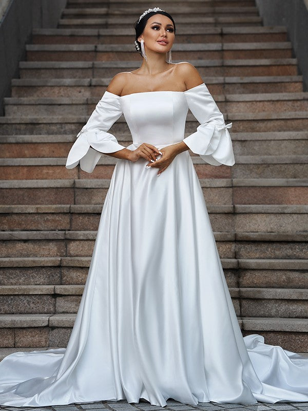 A-Linie/Princess-Linie Charmeuse Rüschen Schulterfrei 3/4 Ärmel Sweep/Pinsel Schleppe Brautkleider Brautkleider
